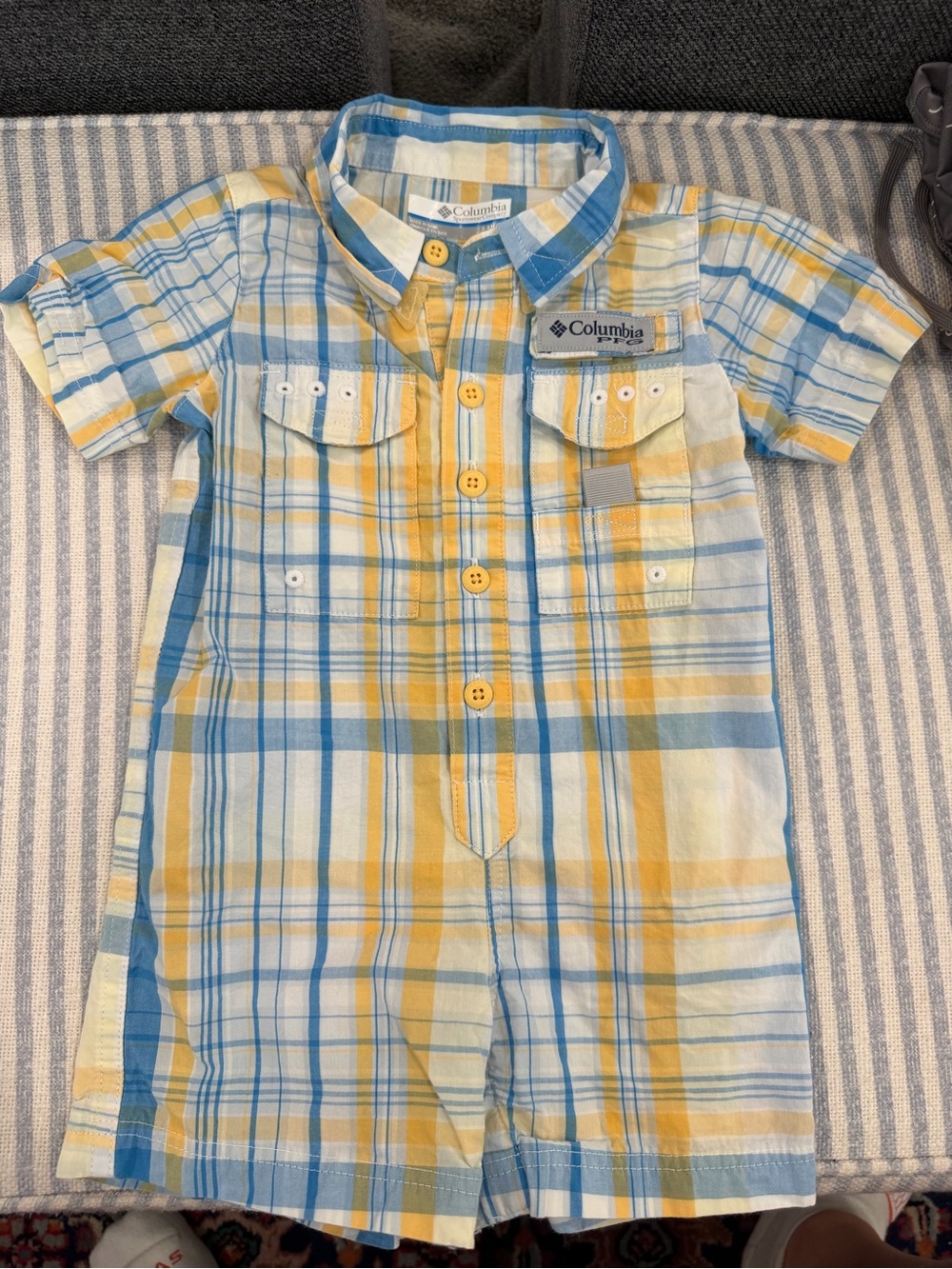 Columbia Yellow & Blue Plaid Shortall Romper
